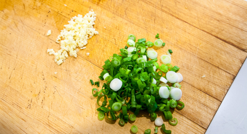 Shrimp Fried Rice with Peas and Eggs - Chopped ingredients