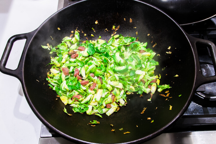 Brussels Sprout Chinese Sausage Stirfry - stirfrying