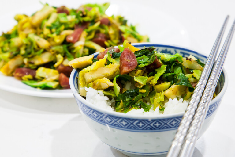 Brussels Sprout Chinese Sausage Stirfry - Completed Dish