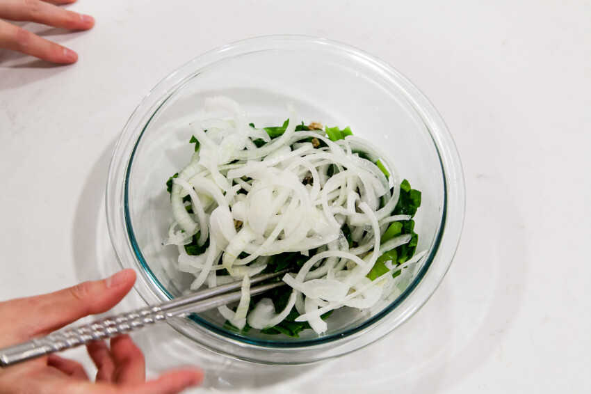 Daikon Radish Leaves (Greens) Salad - Mixing ingredients